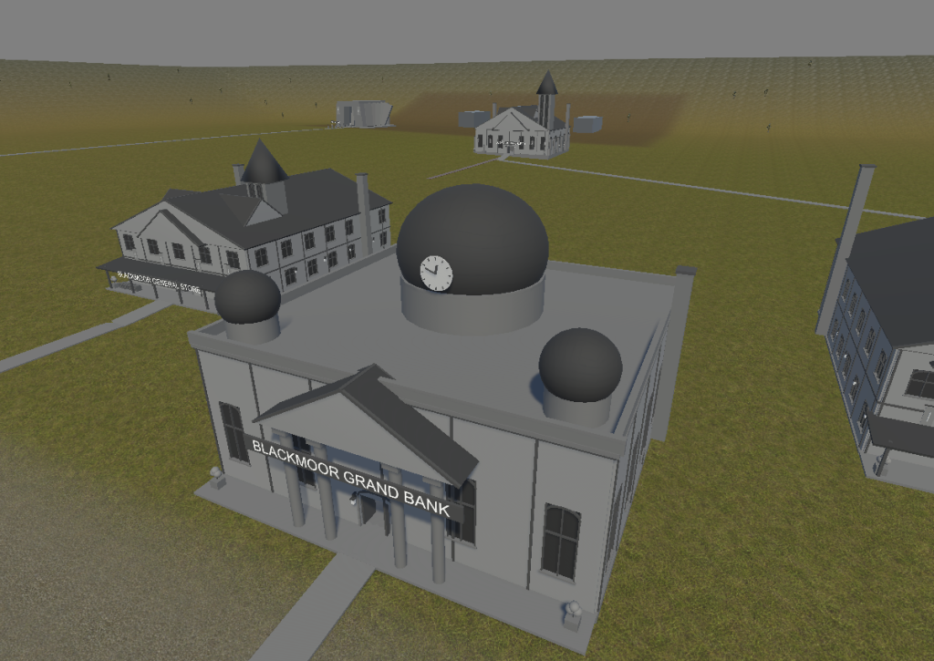Greybox Grand Bank with a columned entrance, clock dome and path; the General Store and church stand behind it.