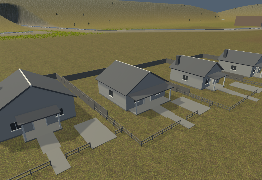 Greybox homes in Blackmoor with covered porches, front rail fences, paths and rear privacy fencing.