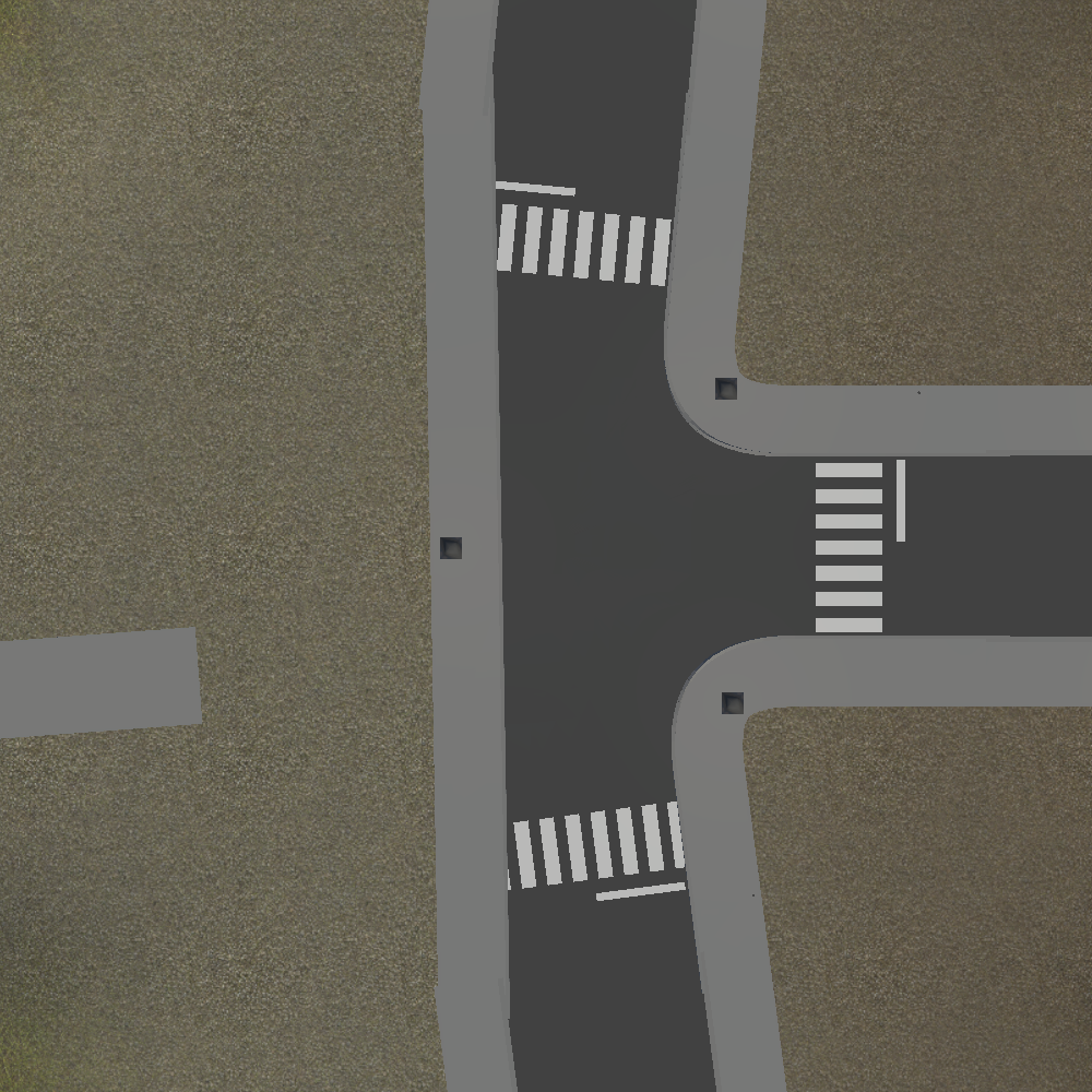 Overhead view of a T intersection with continuous sidewalk corners and three marked pedestrian crossings.