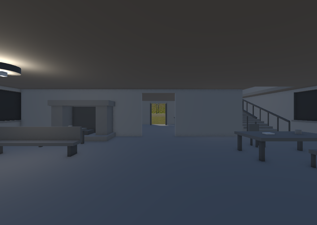 Greybox residence interior with a fireplace, seating, dining table, doorway and staircase.