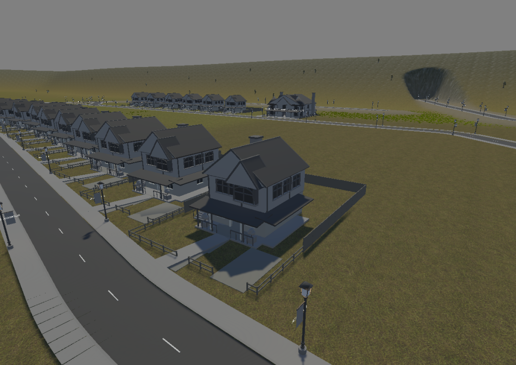 A Blackmoor residential street with two-storey greybox homes, fenced yards, connected entrance paths and street lamps.