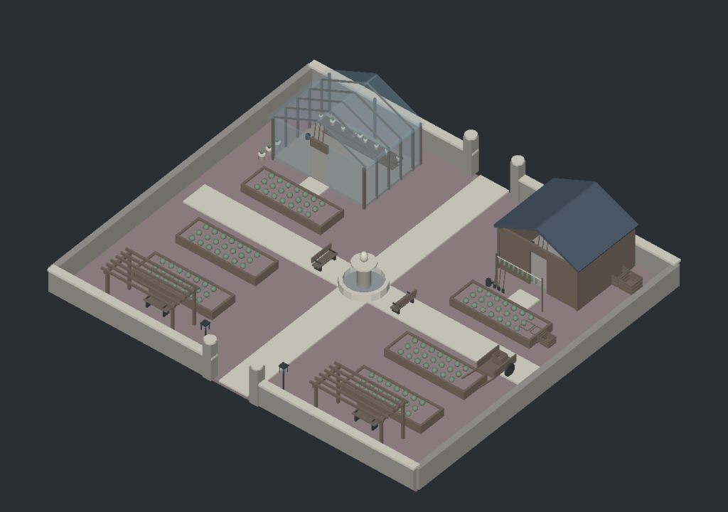 Isometric Unity view of the estate herb garden greybox.