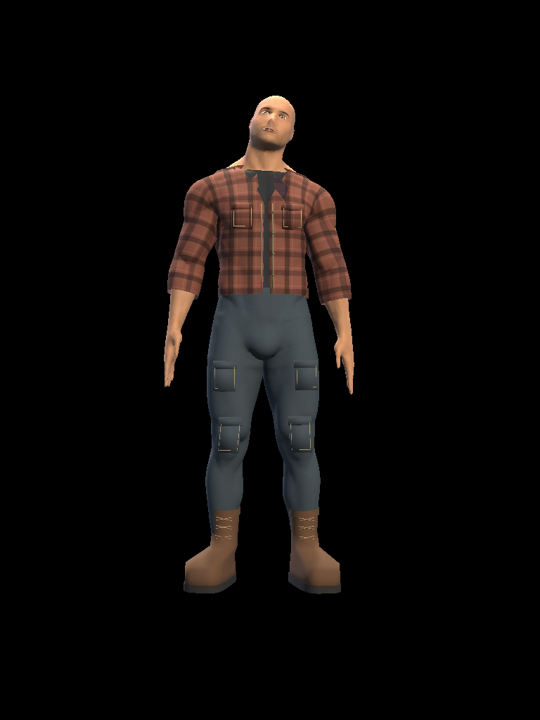 Male character wearing a plaid work shirt, trousers and boots in Unity.