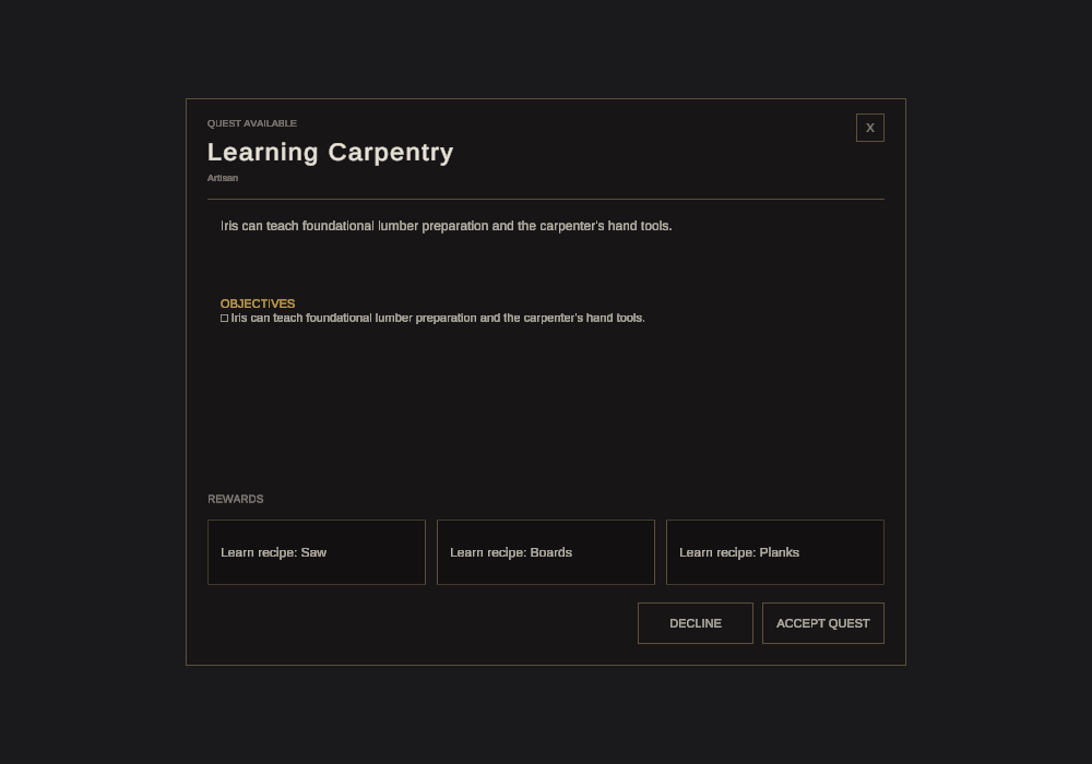 Learning Carpentry quest panel showing objectives and three recipe rewards.