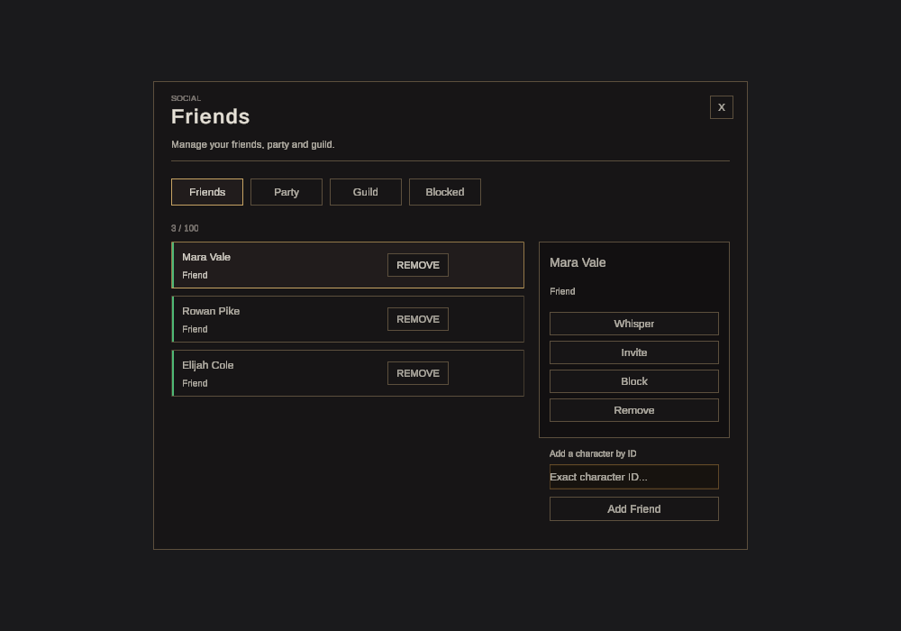 Friends interface with a selected character and social actions.